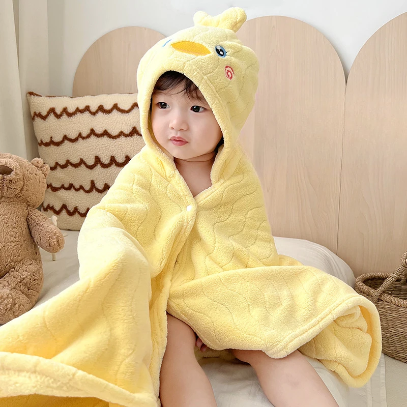 Children\'s Plush Hooded Bath Towel Cartoon Coral Velvet Baby Absorbent Quick Drying Hooded Cape Bathrobe Cute Hooded Bath Towel