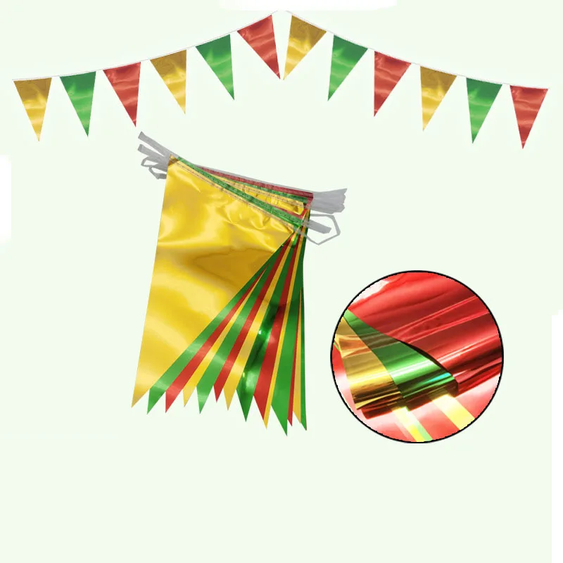 Mirror Christmas Party Decoration Colorful New Year Flag Christmas Party Decoration Scene Golden Green Christmas Flag Hanging