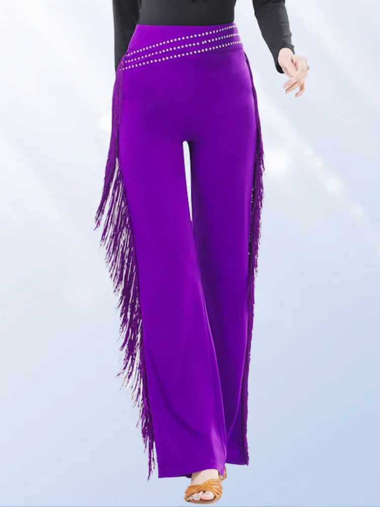 タッセル ハイウエスト ラインストーン フリンジ ワイドレッグ ダンス パンツ 社交ダンスまたはステージ ジャズ モダン パフォーマンス パンツ用