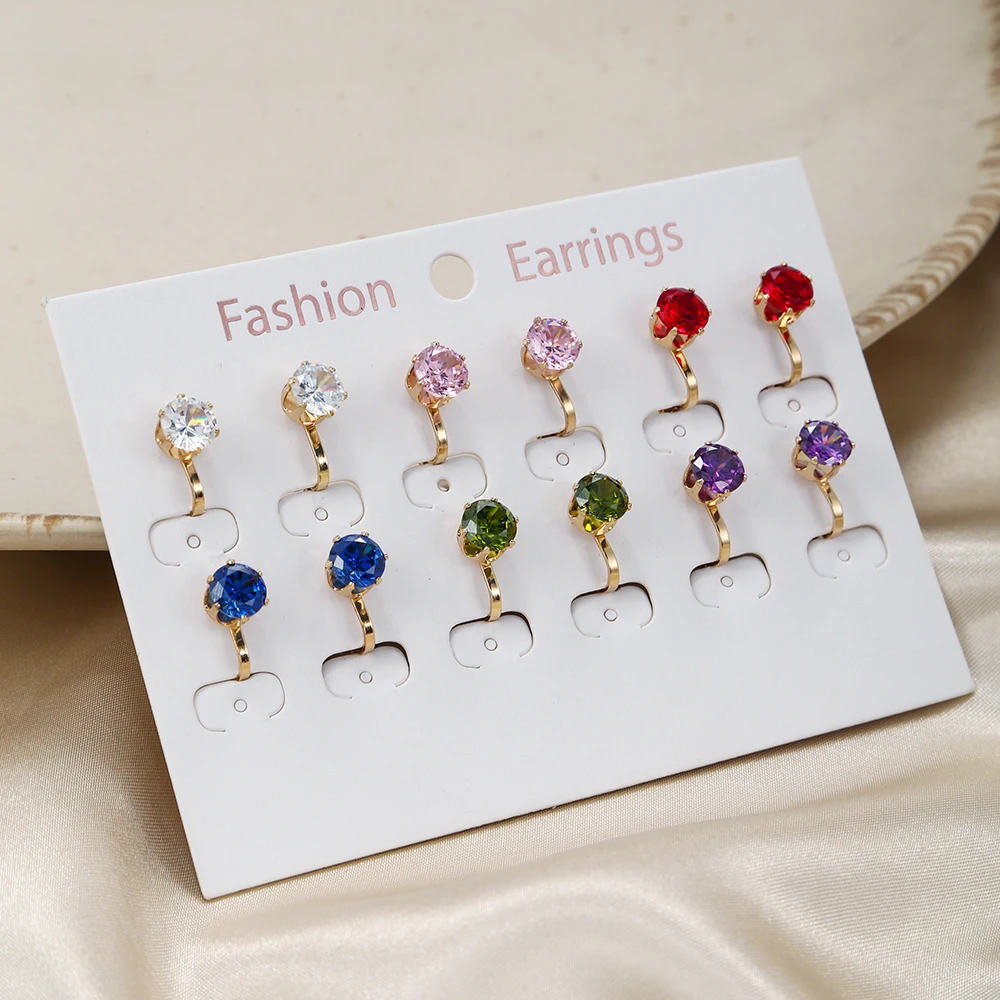 6 Pairs/set Luxury Female Round Colorful Zircon Stone Clip on Earrings Fashion Vintage Gold Non Pierced Ear Clips For Women Gift