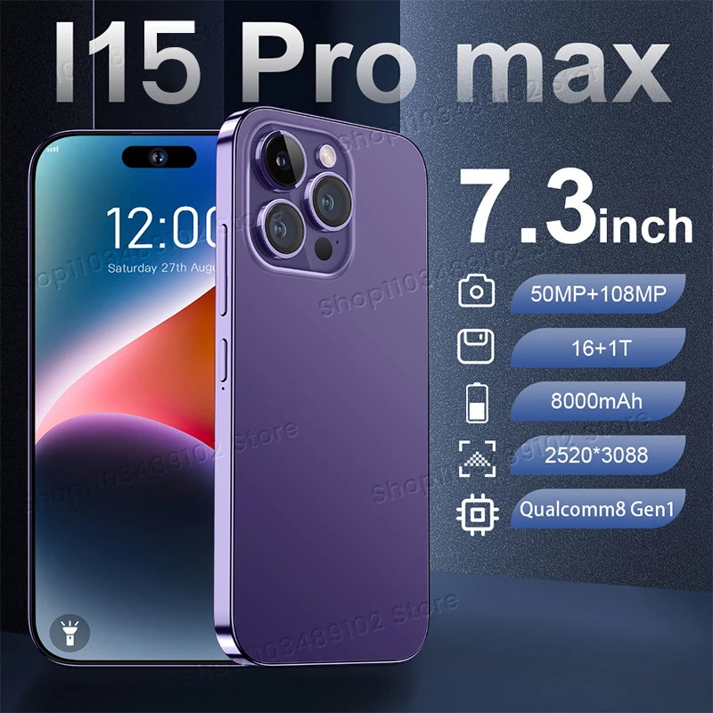 

2025 New Smartphones 16GB+1TB i15 Pro Max Google NFC celulares 7.3-inch HD 8800mAh 5G WiFi Cell Phones 50MP+108MP Mobile Phones