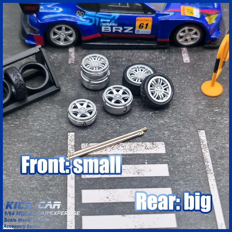 Rodas de carro modelo 1/64 d: 11mm + 11.5mm, peças de reequipamento prateadas e douradas, roda dianteira pequena e traseira grande para brinquedo, rodas quentes tomica