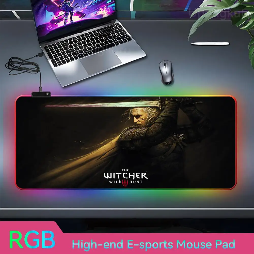 

T_the W_witcher 3 Mouse Pad RGB Rubber Student Writing Pad Mouse Pad LED Lamp Anime RGB Gaming Mousepad Desk Anti-slip Mat