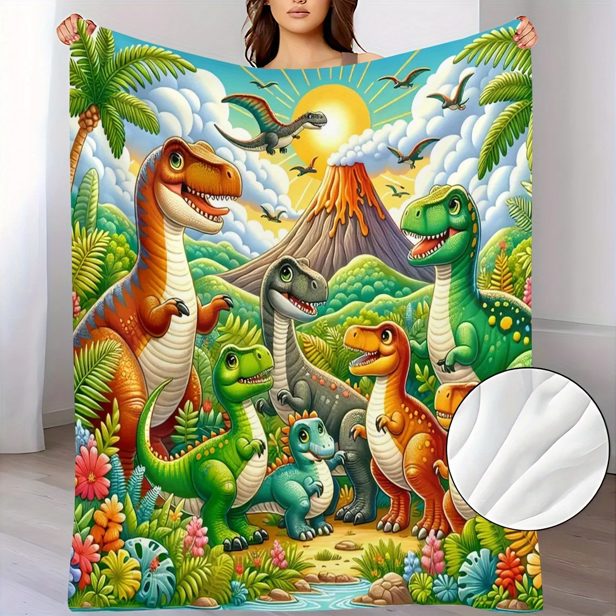 New Cartoon Dinosaur Pattern Flannel Throw Blanket, Air Conditioning Blanket for Dorm, Office, and Naps, Printed Flannel Blanket