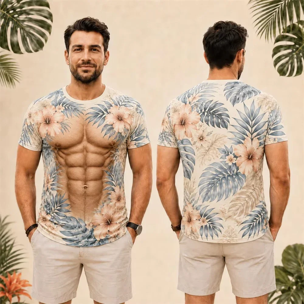 Funny Fake Body Abs Chest Hair T-Shirt Men 3D Stripe Leopard Pattern Short Sleeve Tee Summer Beach Vacation Novelty Party Top