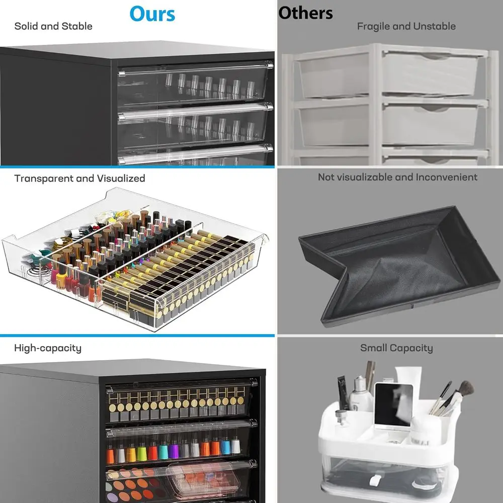 Шкаф для хранения на колесиках с 10 прозрачными ящиками для макияжа, поделок и офисов — черная деревянная универсальная тележка