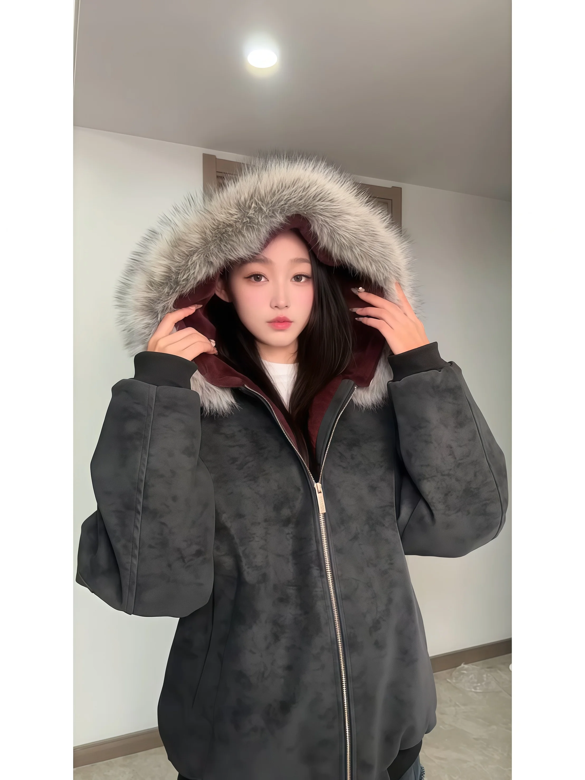 

Litchi Pattern PU Leather Men's Winter Jaet Lamb Fur Lined Inteated Leather And Fur eepskin Coat Thiened Warm Casual