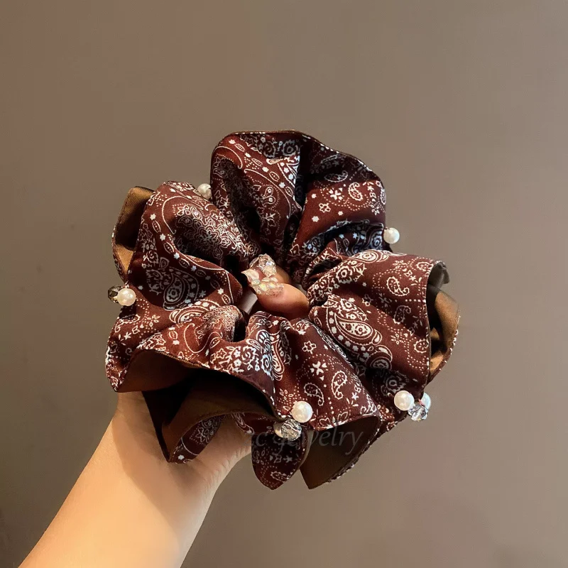 

French Retro Waist Flower Double Layer Fat Bow Elegant Pearl Ponytail Hair Flower Versatile High-End Satin Hair Tie