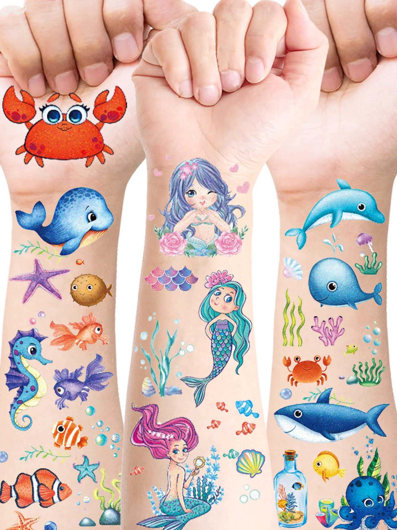 12 Sheets Glitter Mermaid Temporary Tattoos,Cute Design Waterproof Underwater Worlds Mermaid Fairy Ocean Tattoo Stickers