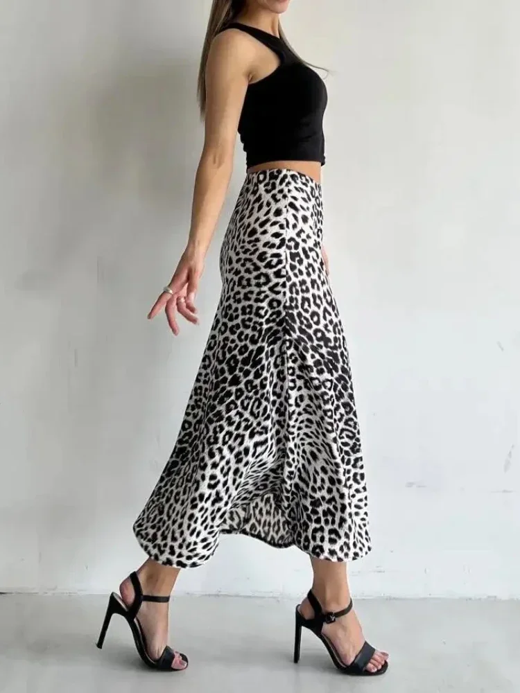 Summer Leopard Satin Skirt temperament Elegant Silky Smoothness Long Skirt Fashion Vintage High Waist Sexy Slim Skirts for Women