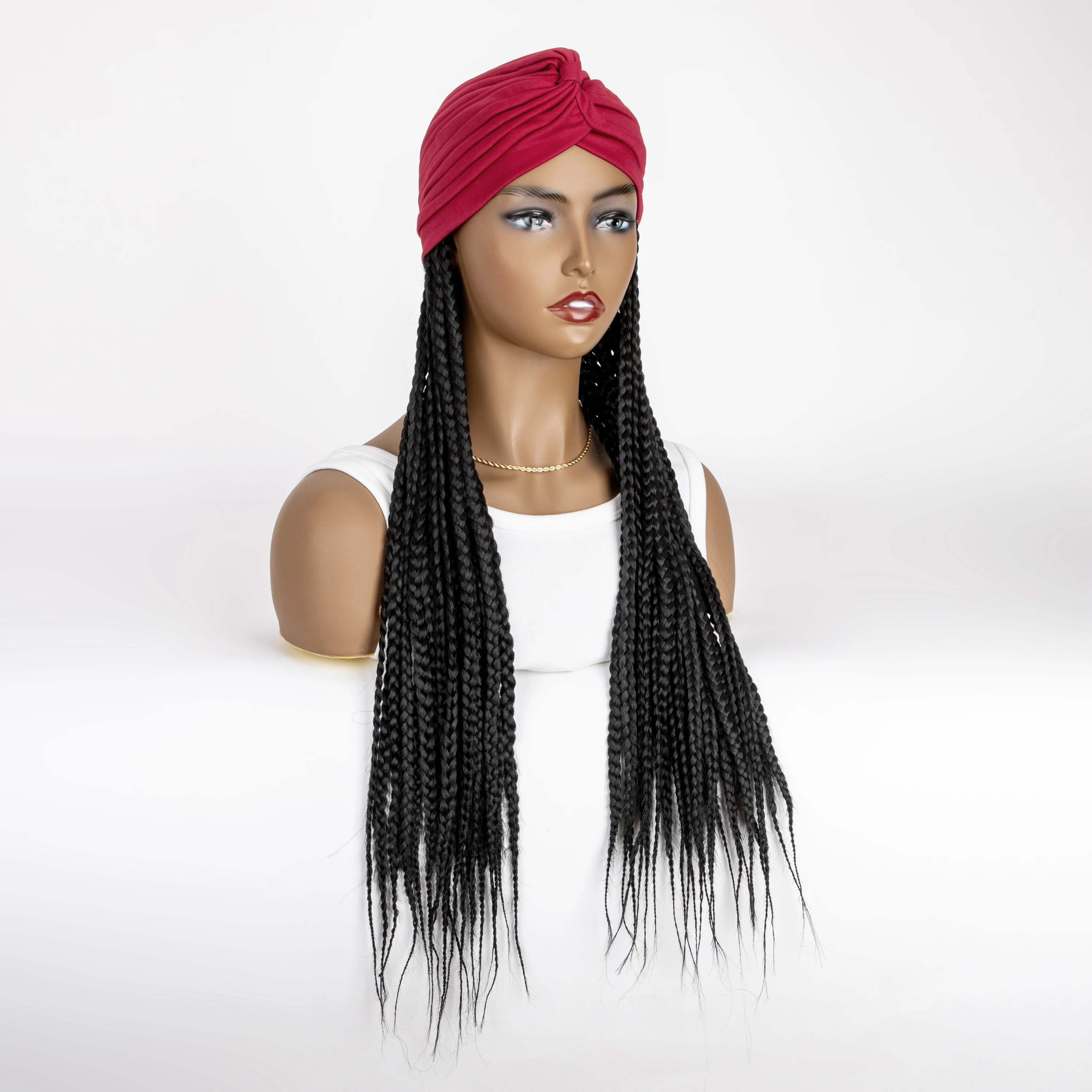 Peluca de diadema sintética trenzada con caja negra para mujer, extensiones de pelo trenzado turbante de rojo, pelucas de peinado, 24 pulgadas de largo