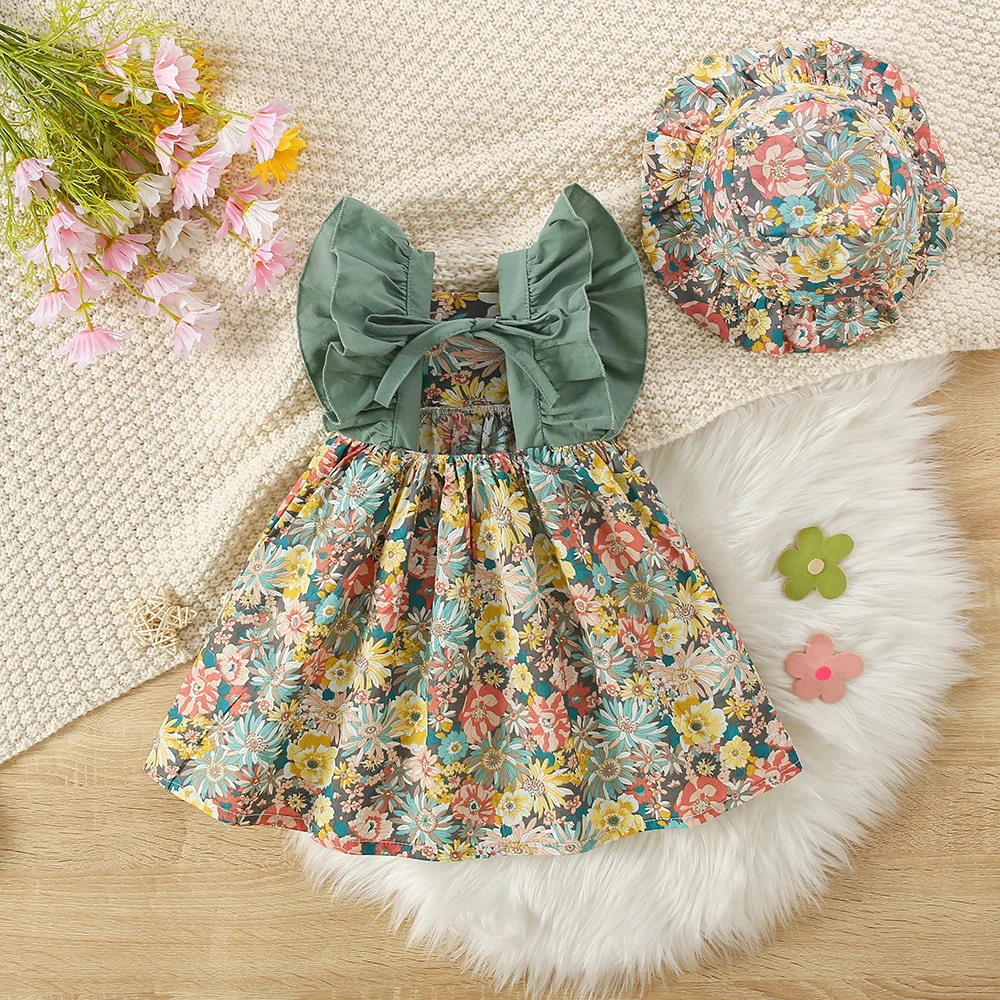 Summer New Baby Girl Floral Dress Cute Little Fly Sleeves Children'S Clothing+Hat (9 Months -3 Years Old)