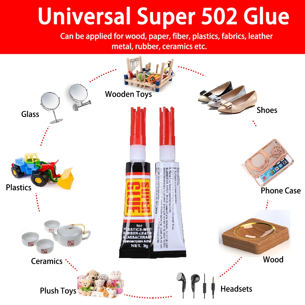 Super Glue 502 Adesivo de cianoacrilato, Extra Forte, Plásticos, Adesivo instantâneo, Quick Bond, Adequado para tecido, madeira, metal, papel, couro, sapatos, Reparação de pneus