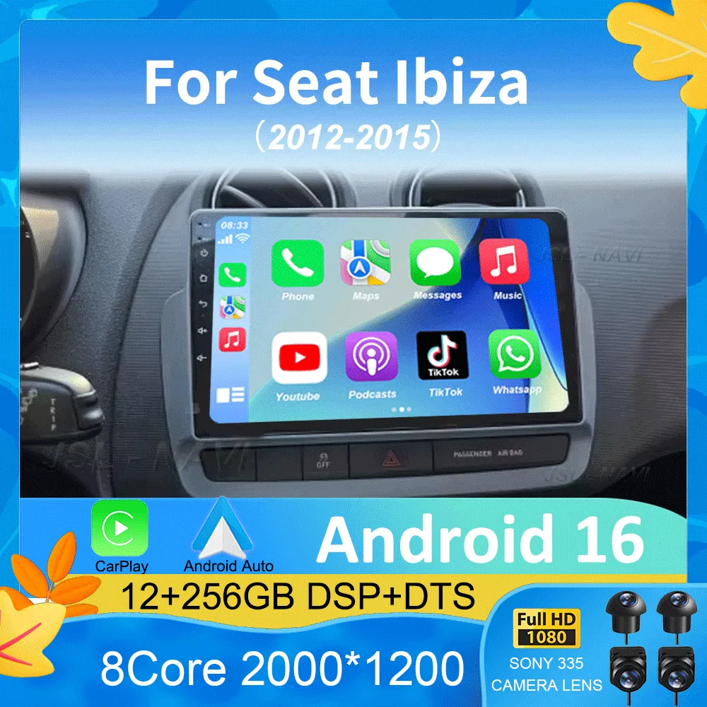 For Seat Ibiza 2012-2015 Android 16 QLED Touch Screen Auto 12G+256G Radio Car Multimedia Video Player 5G WIFI BT GPS Navigation