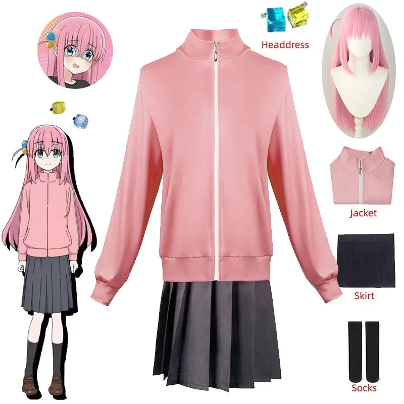 New Anime Bocchi the Rock Gotou Hitori Cosplay Costume Yamada Ryou Pink Coat Skirt Jk Uniform Halloween Outfits