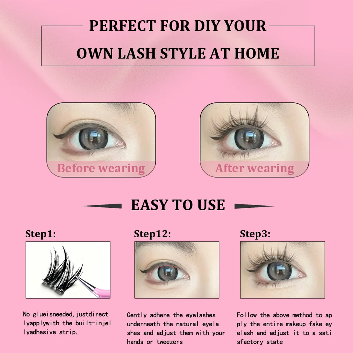 Sztuczne rzęsy bez kleju, 10 rzędów, 100 kępek, lekkie, miękkie, duża ilość, wielokrotnego użytku, naturalny wygląd.