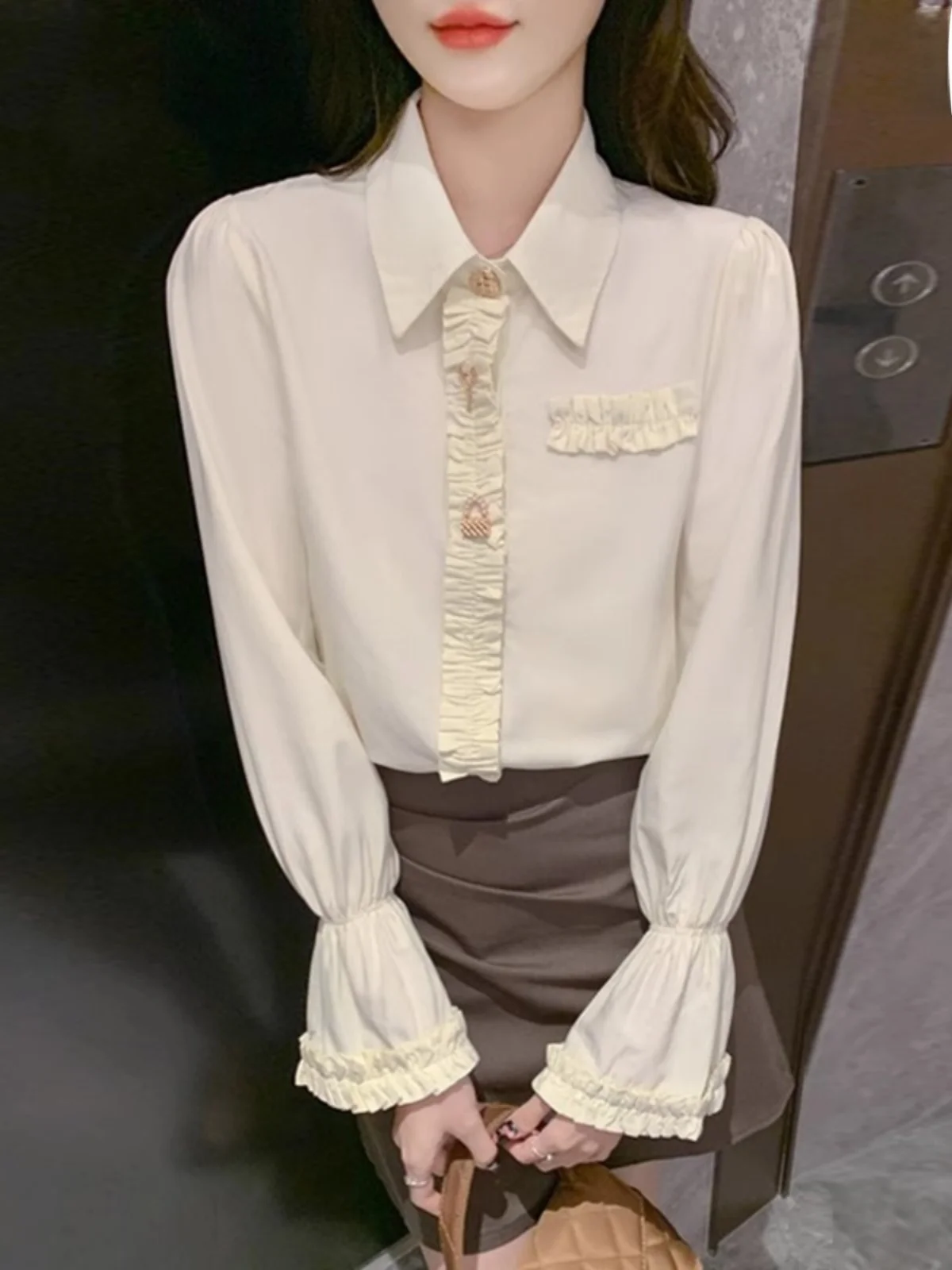 

Retro Bell Sve irt Women's Spring Autumn Winter Chiffon Top Slimming Versatile Early Spring Long Sve Flip Collar