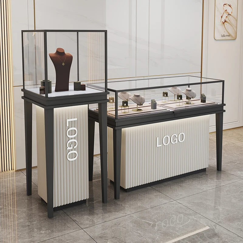 Custom.Customized Luxury Display Jewelry Display Cabinet Ultra-white Tempered Glass LED Lighting Jewelry Store Display Cabinet