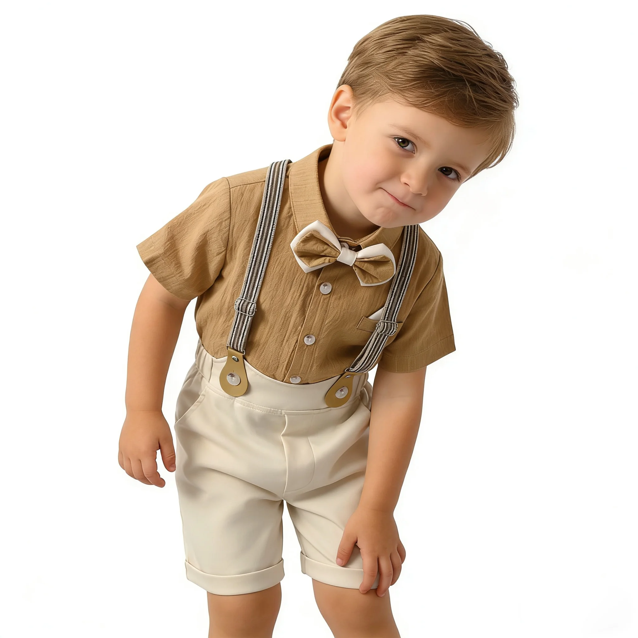 Toddler Baby Boy Formal Outfit Short Sleeve Shirt Bow Tie Striped Suspender Shorts Wedding Baptism Birthday Gentleman Costume