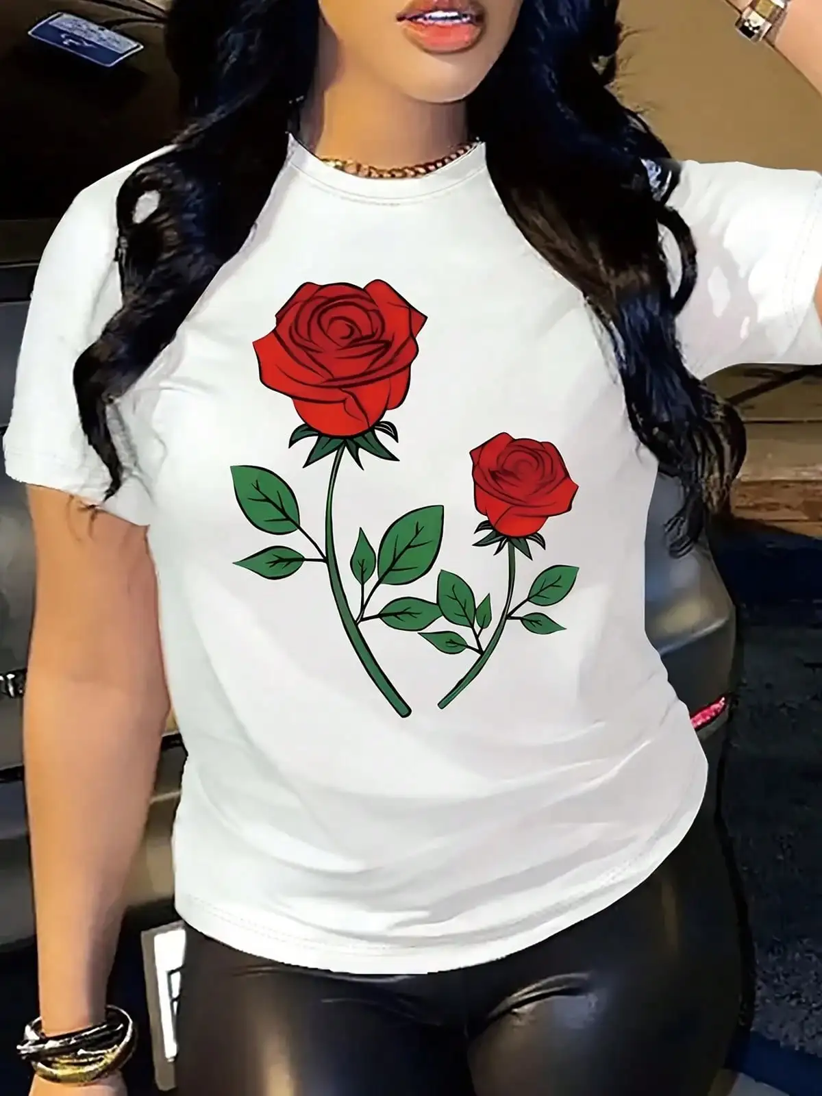Rose Print Round Neck Tee Spring Summer Casual Short Sleeve Women Tee Breathable Harajuku Minimalist Loose Casual Aesthetic Tee
