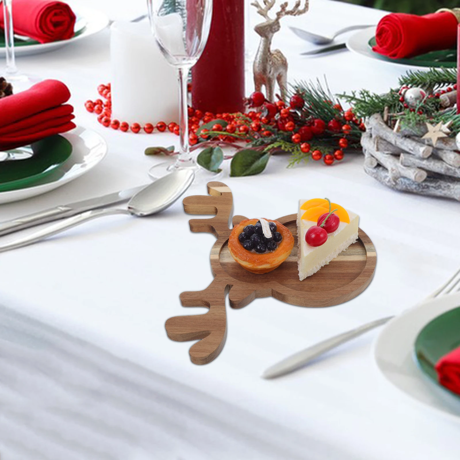 

Christmas Reindeer Wooden Tray Natural Finish Serving Board for Appetizers Sushi Cheese Cake Holiday Table Decoration Display