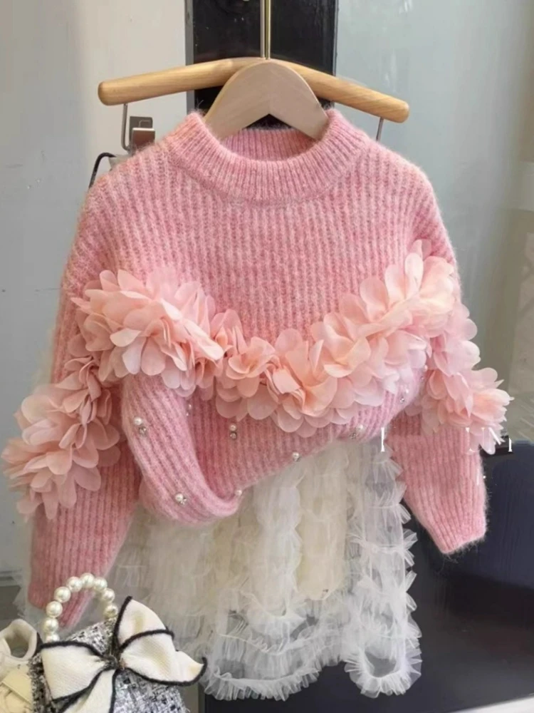 2026 Baby Girls' Autumn/Winter New Style Western Style 3D Flower Heavy Industry Knitted Sweater Soft Sticky Versatile Sweater