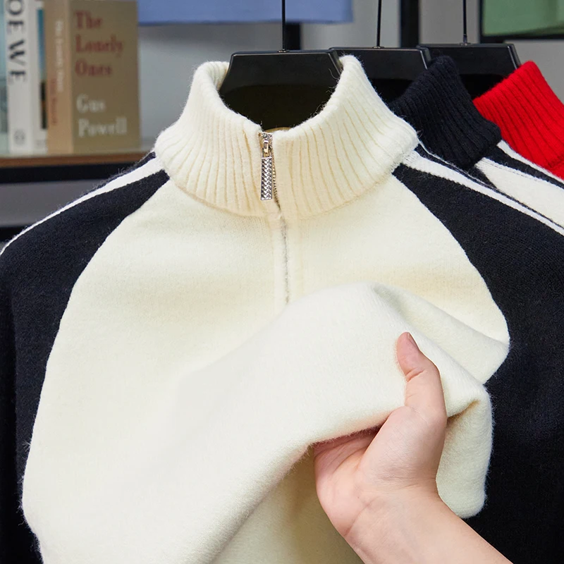 

Luxury Quality Men's Knitted Sweater Warm Half Zipper Stand Up Collar Long Sleeve Hoodie Autumn Winter Versatile Trend Menswear