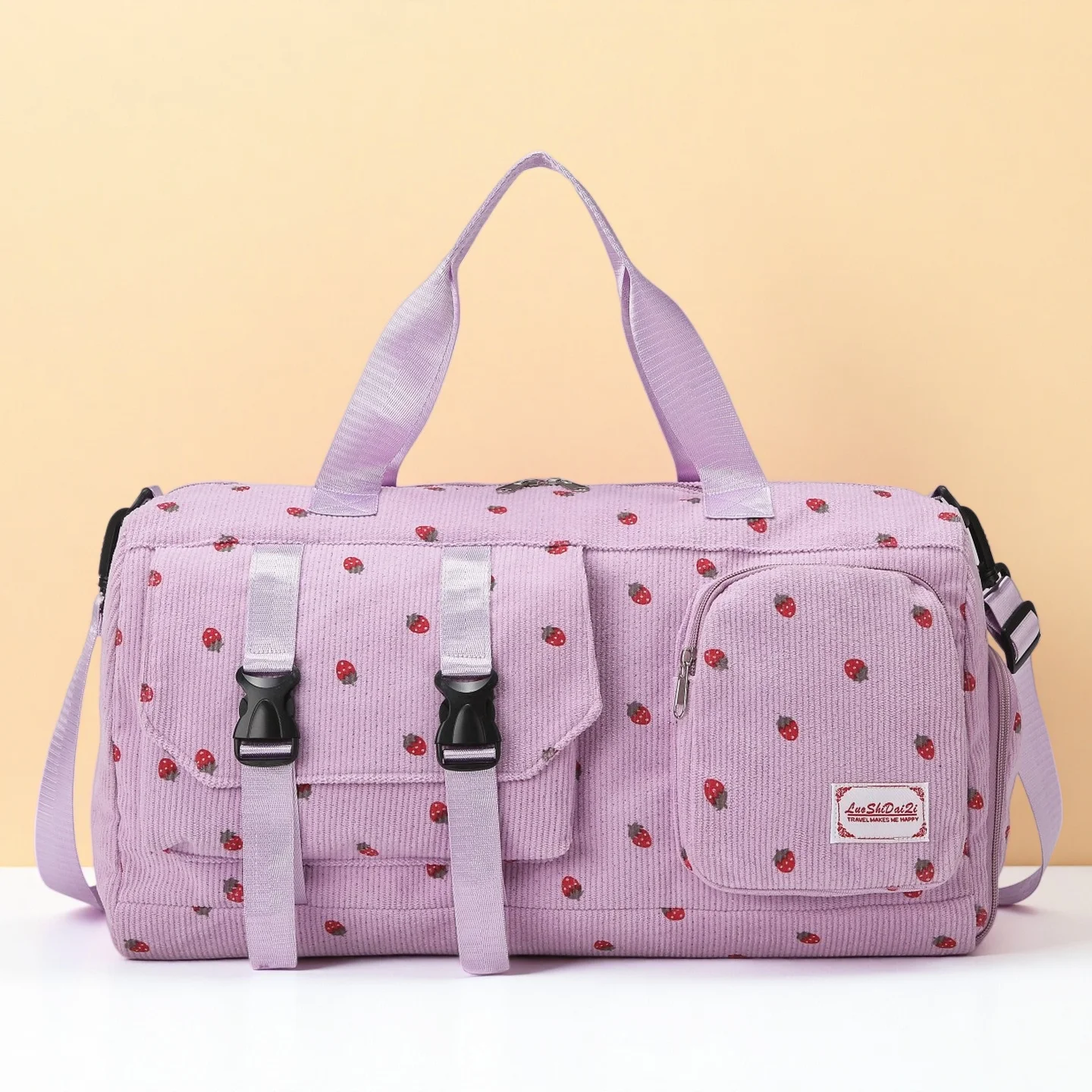 

Большая дорожная сумка-дафл с клубничным принтом, отделением для мокрых/сухих вещей, независимым отсеком для обуви и множеством карманов