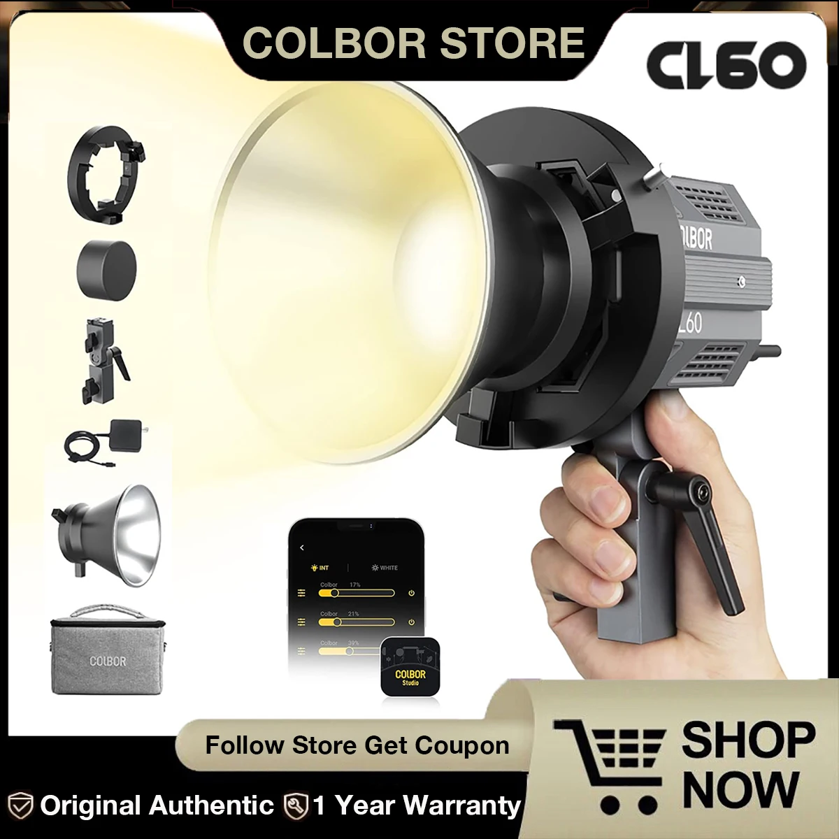 

COLBOR CL60 Bicolor COB Continuous Output Lighting 65W 2700k-6500K CRI97+ LED Studio Light APP Control for Video Recording