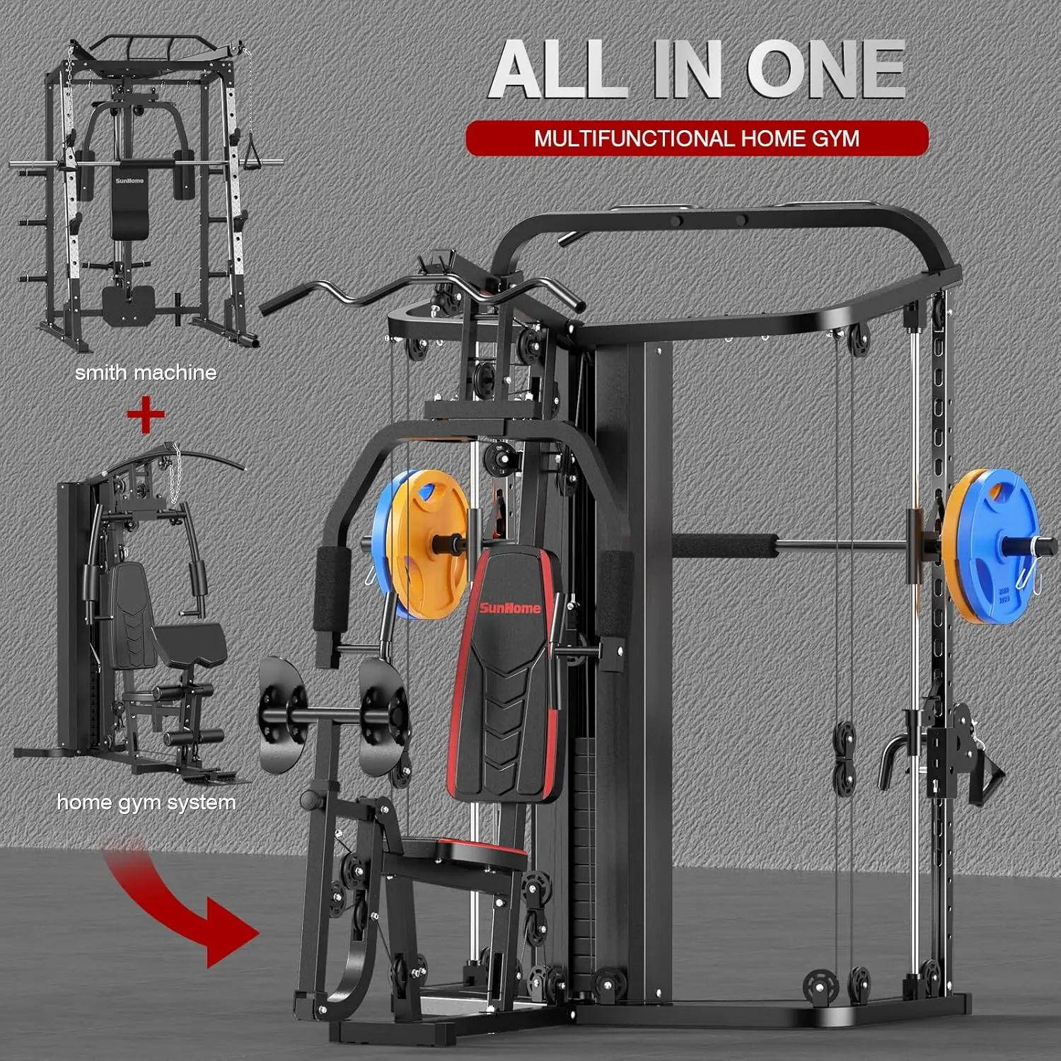 Home Gym System Workout Station,Smith Machine with 138LB Weight Stack, Leg Press, LAT Station for Full Body Training