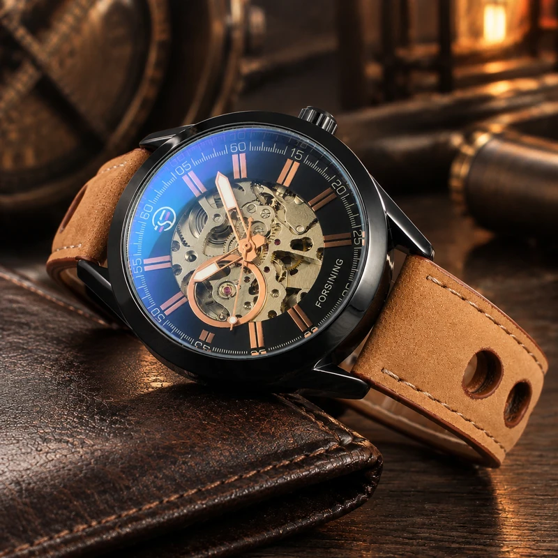 FORSINING Men's Automatic Mechanical Watch Vintage Pilot Style Skeleton Suede Leather Strap Classic Gentleman Dress Wristwatch