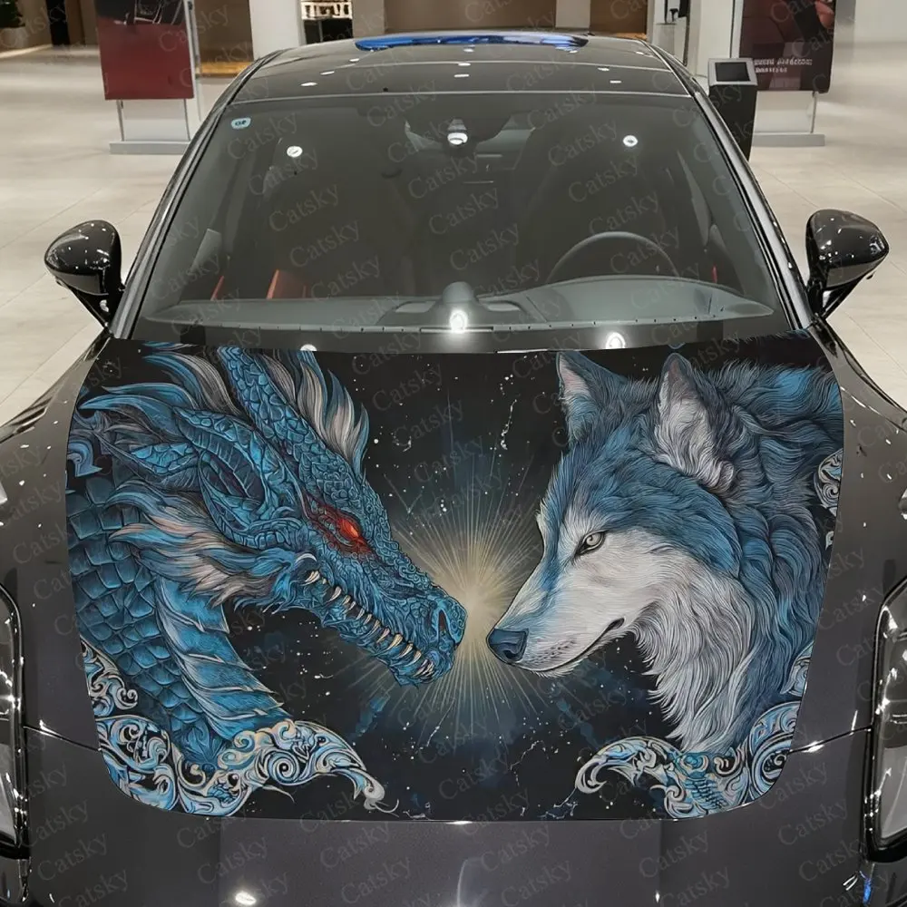 

Dragon & Wolf Gazing Car Vinyl Wrap, PVC Waterproof Car Hood Sticker, Self-Adhesive Scratch-Resistant Stickers for Engine Cover