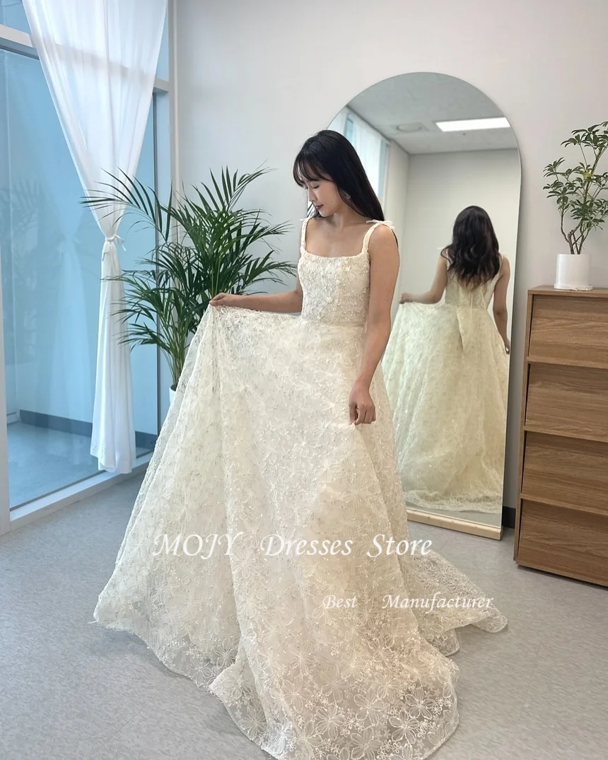 Mojy  Exquisite Lace Beads A Line Korea Wedding Dresses For Photo shoot Straps Square Neck Floor Length Corset Back Bride Gowns