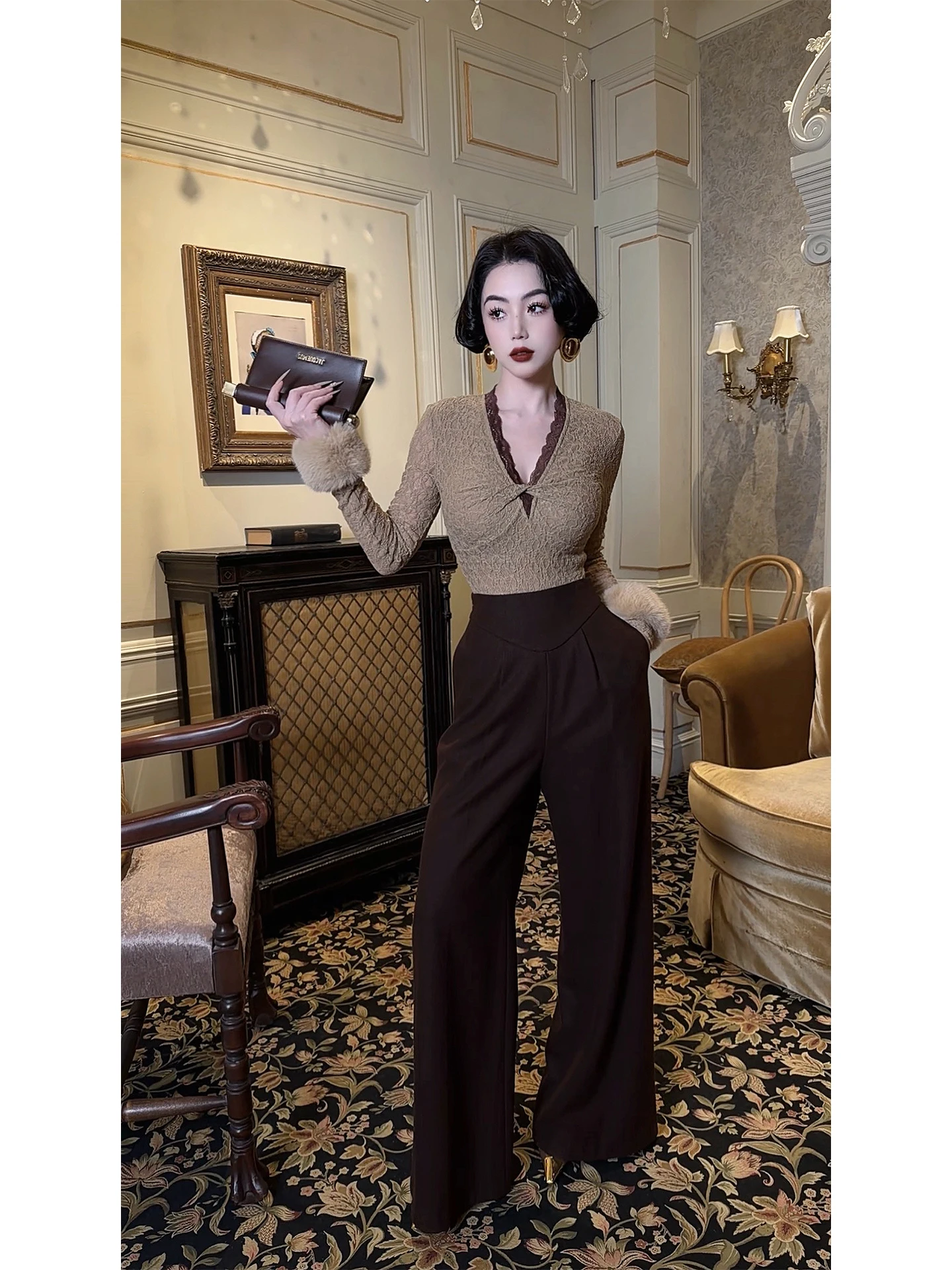 

Модная женская зимняя облегающая базовая кофта с V-образным вырезом и кружевом, повседневный топ с длинным рукавом из нейлоновой ткани