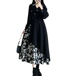 Button Patchwork V Neck High Waist Long Sleeve A-line Skirt Elegant Fashion Harajuku Female Clothes Casual All Match Dresses