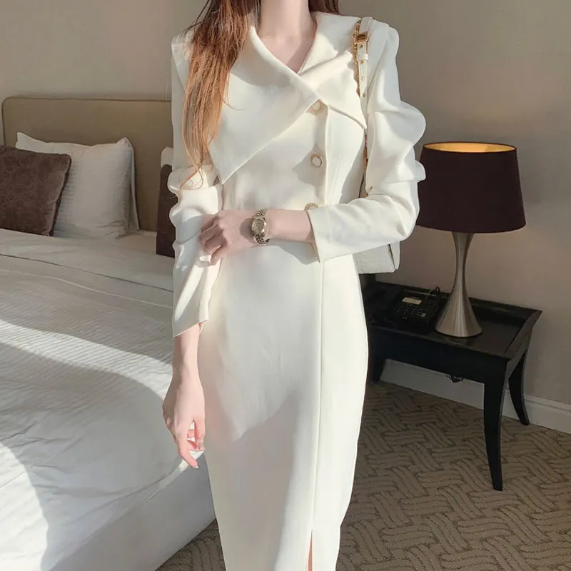 Elegancka Jesienna Prosta Sukienka Bodycon z Szyfonu z Kołnierzykiem, Zapinana na Guziki z Boku, Wyszczuplająca w Talii, Długa, Moda Damska