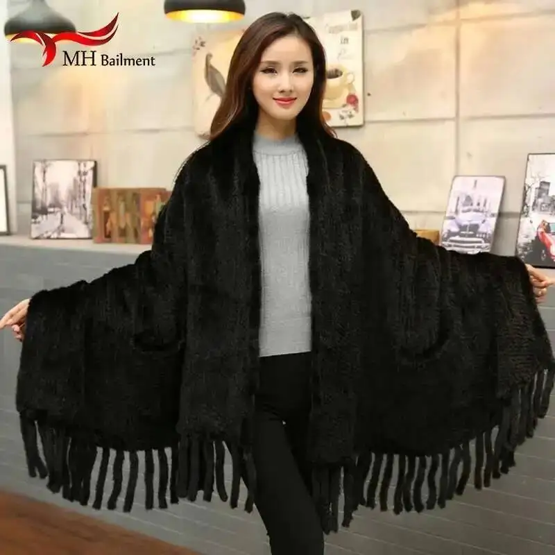 Women Natural Mink Fur Scarf Fashion Long Poncho Female Winter Brown Knit Real Fur Scarves Wraps Luxury Large Shawl Ladies