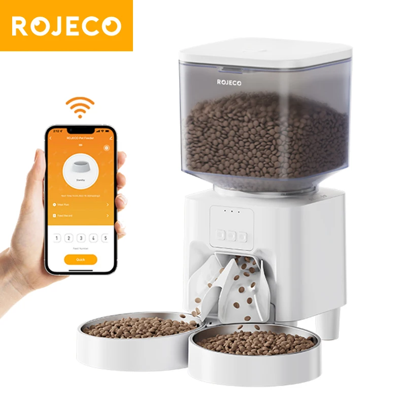 

ROJECO 4.5L Automatic Cat Feeder WIFI Smart Pet Food Kibble Dispenser APP Remote Control Auto Dog Pet Food Feeding Double Bowls