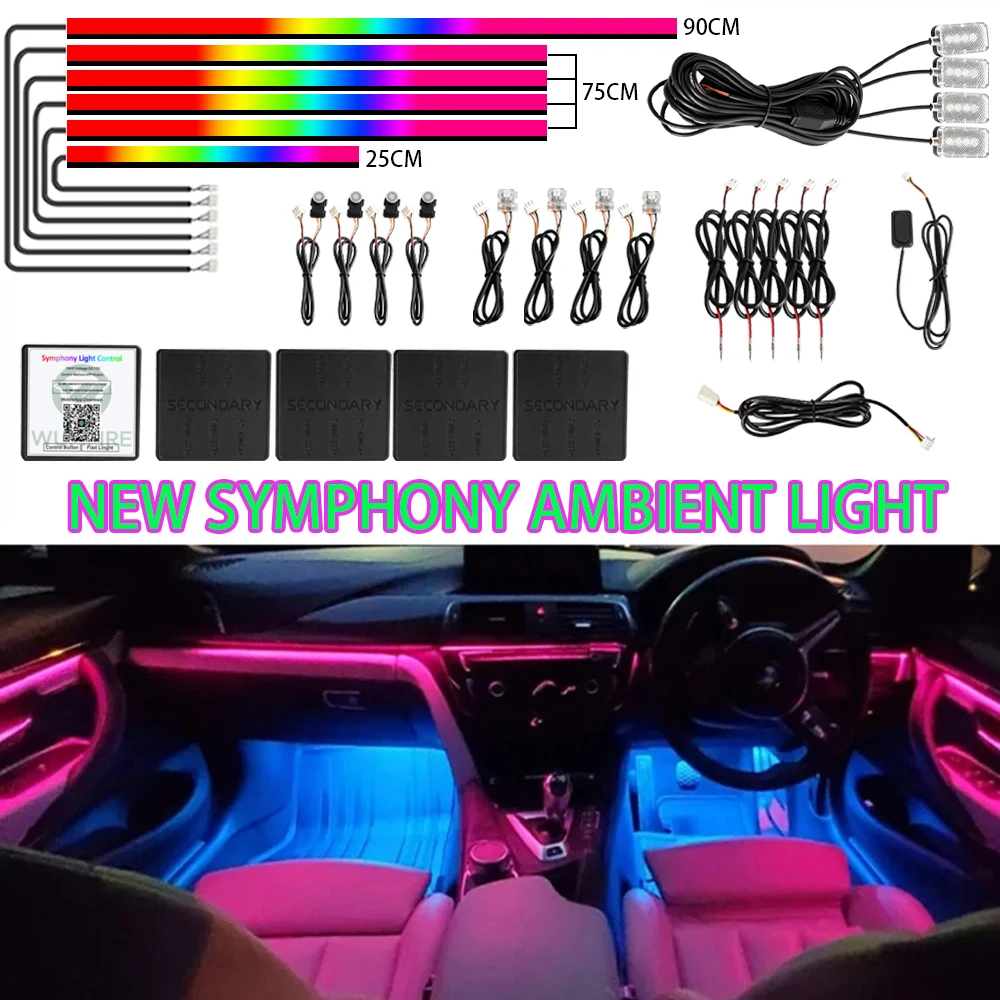 18-in-1 Symphony Auto-Innenraum-LED-Ambientebeleuchtung RGB 64 Farben Vollfarbiger Streamer Versteckter Acryl-Atmosphärenstreifen