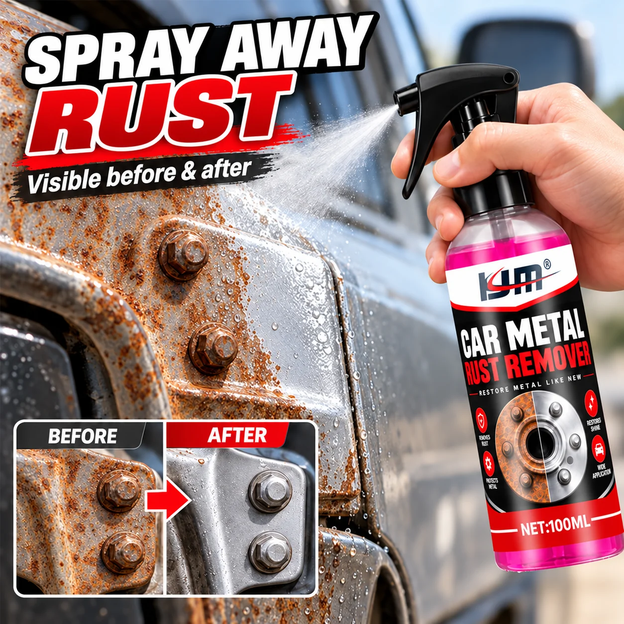 KJM Car Rust Remover Brake Disc Cleaner Metal Surface Rust Removal Spray For Brake Rotors Wheel Hubs Exhaust Parts 100ML