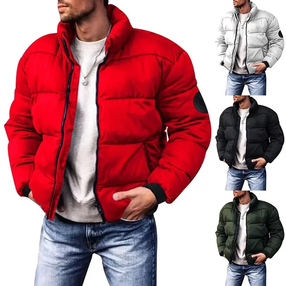 

2024 Men's Casual Cotton-padded Coat Winter Warm Thickened Solid Color Jacket Stand Collar Trendy Korean Style Fit Padded Jacket