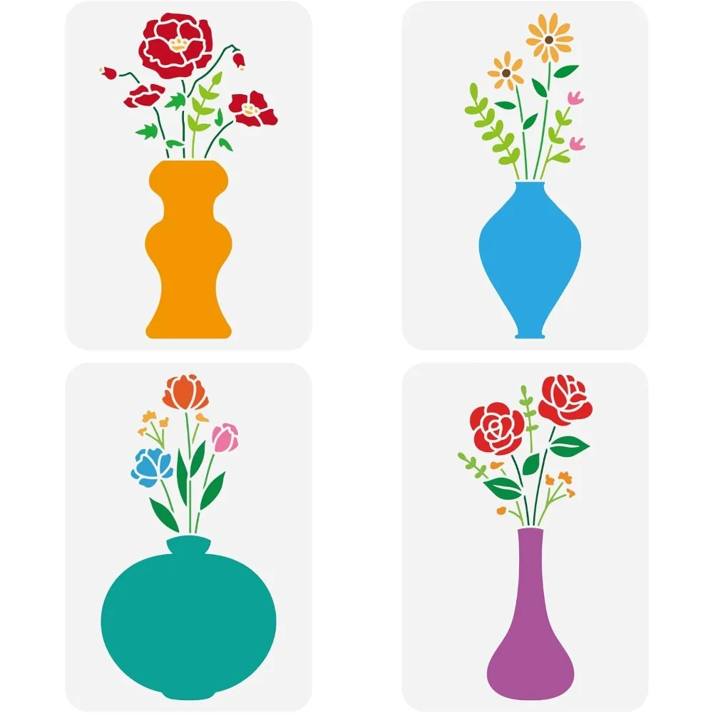 

4 pcs Flowers in Vase Painting Stencil 8.3x11.7inch Reusable Flower Vase Drawing Template Spring Flower Plants Stencil