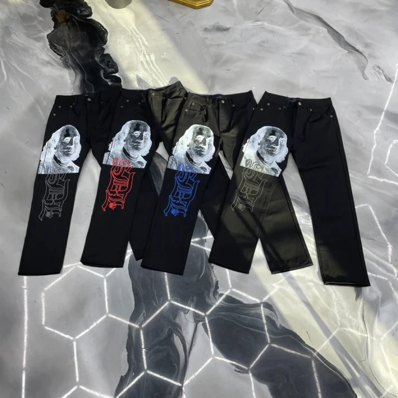 Ins New Net Red Design Personality Printing Wide Leg Pants Men Women Black Straight Jeans Winter Loose High Street Casual Jeans