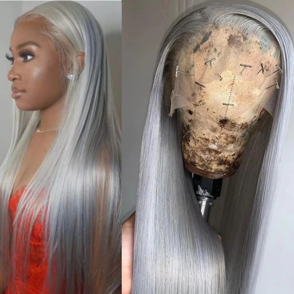 

Gray Straight Glueless Preplucked Lace Front Synthetic Wig For Women With Baby Hair Heat Resistant Fiber Hair Wigs Daily Wear