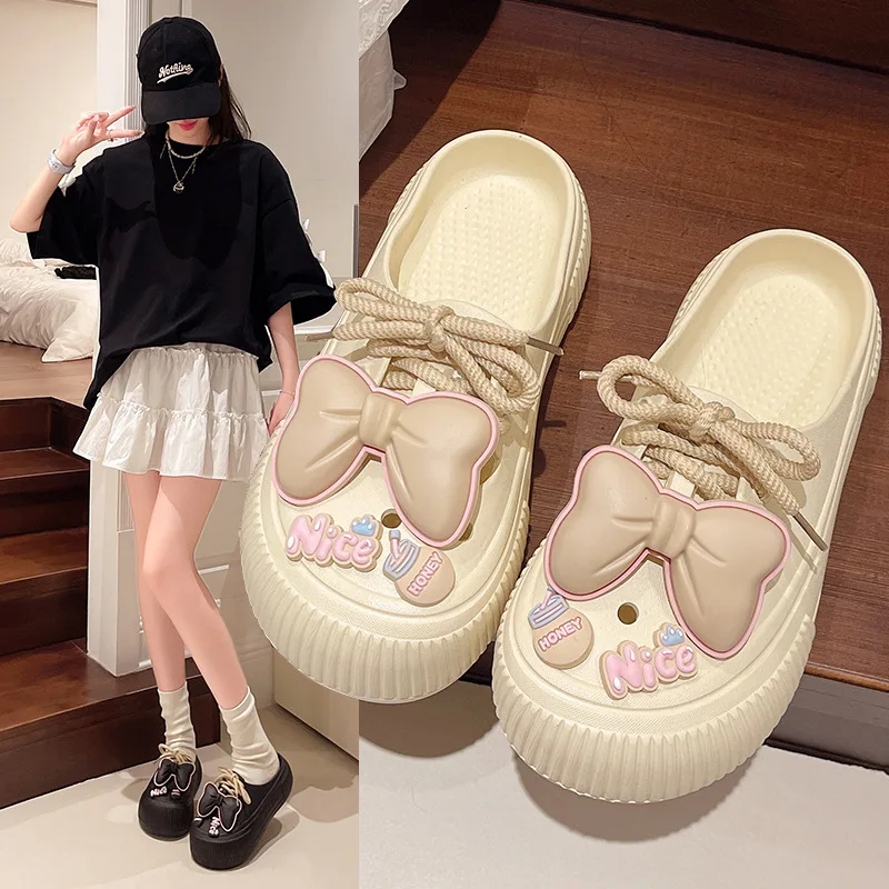 

Summer women's new slippers cute bow decorative sandals casual outdoor beach hole shoes non-slip indoor home shoes