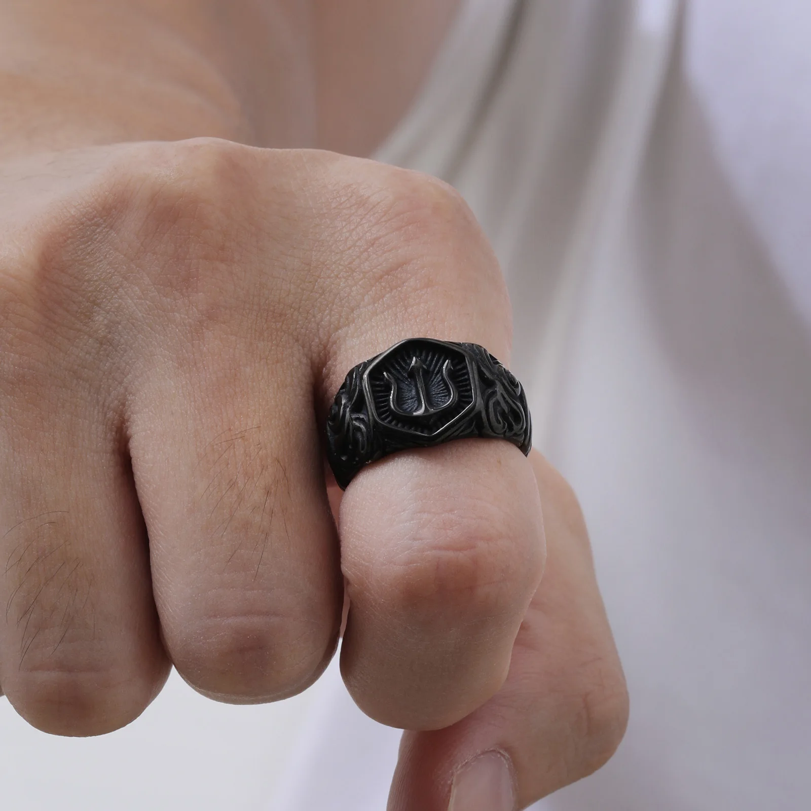 Trident Signet Ring for Men Boys,Black Stainless Steel Stamp Ring Thumb Ring,Rock Punk Jewelry
