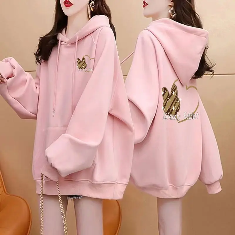 Trendy Cute Cartoon Graphic Hooded Sweatshirt Women Fall Winter Loose Fit Slim All-Match Thickened Warm Pullover Tops