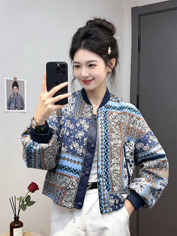 

Весенне-осенняя куртка с воротником-стойкой, женская, в стиле бейсбольной, с принтом, ретро, на молнии, свободного кроя, ветрозащитная, для повседневной носки