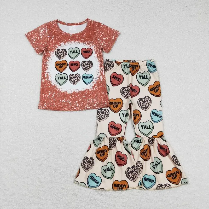 

New rts Valentine's Day Western Style Baby Girls Brown Suit Wholesale Boutique Love Print Pattern Tops Bell Pants Girls Clothing