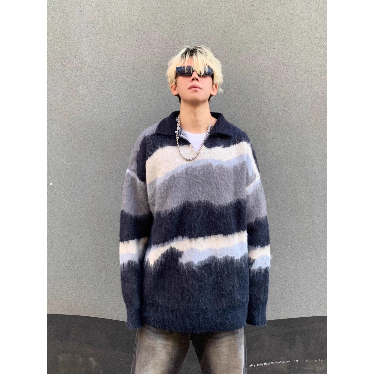 

American Retro Irregular Color Blo Striped Men's Knitted Sweater Winter New Sle Lazy Collar Fur Simulation